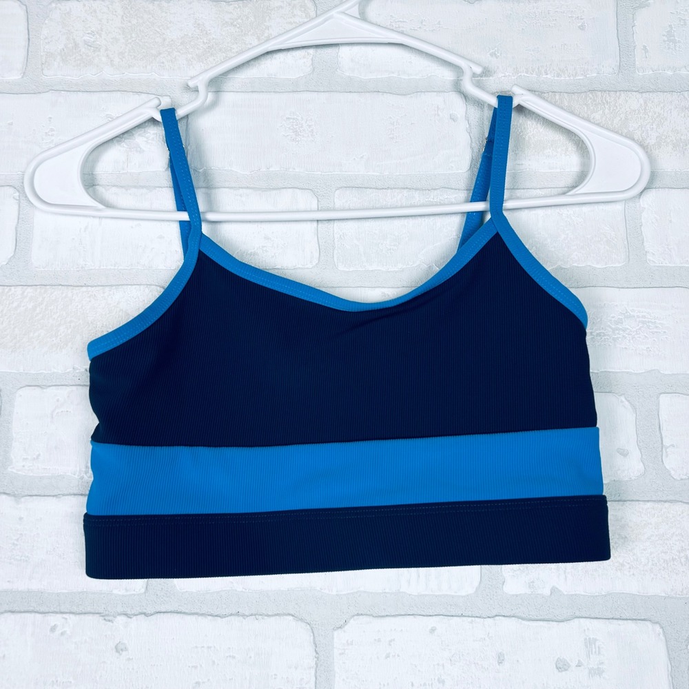 WILO Blue Colorblock Ribbed Sports Bra Adjustable Straps Navy Royal Crop Top S